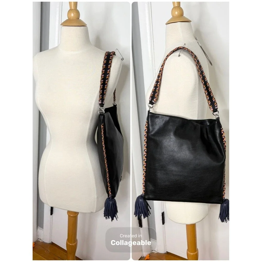 Rebecca Minkoff Chase Convertible Hobo Bag Black Leather Tassel Braided Boho